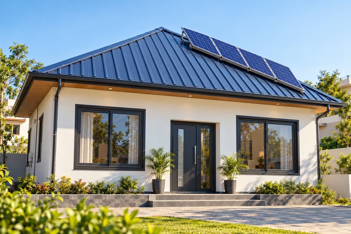 Modern home with dark uPVC windows and doors, a blue profile-sheet roof and a rooftop solar mounting structure